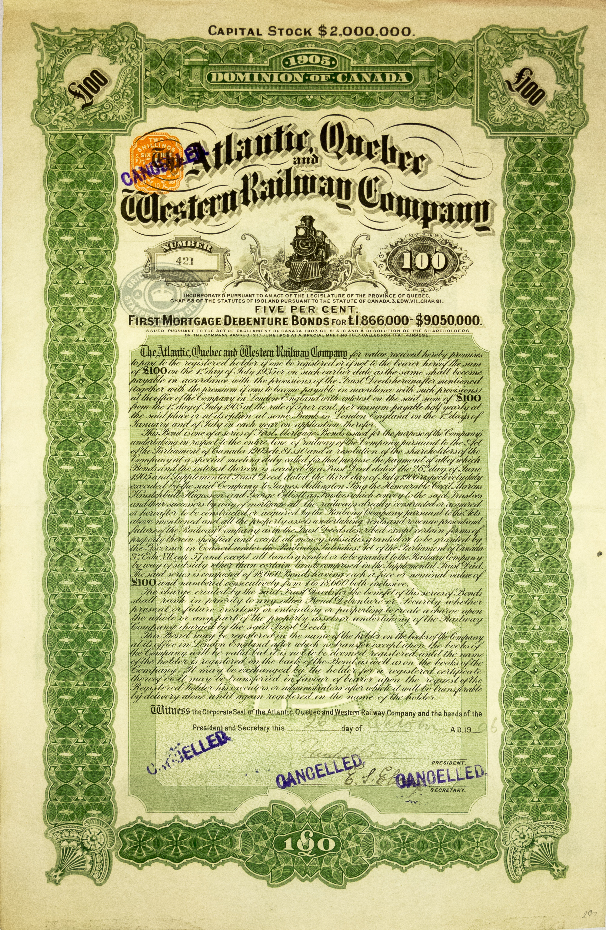 Western Railway Company. Bond, 100$