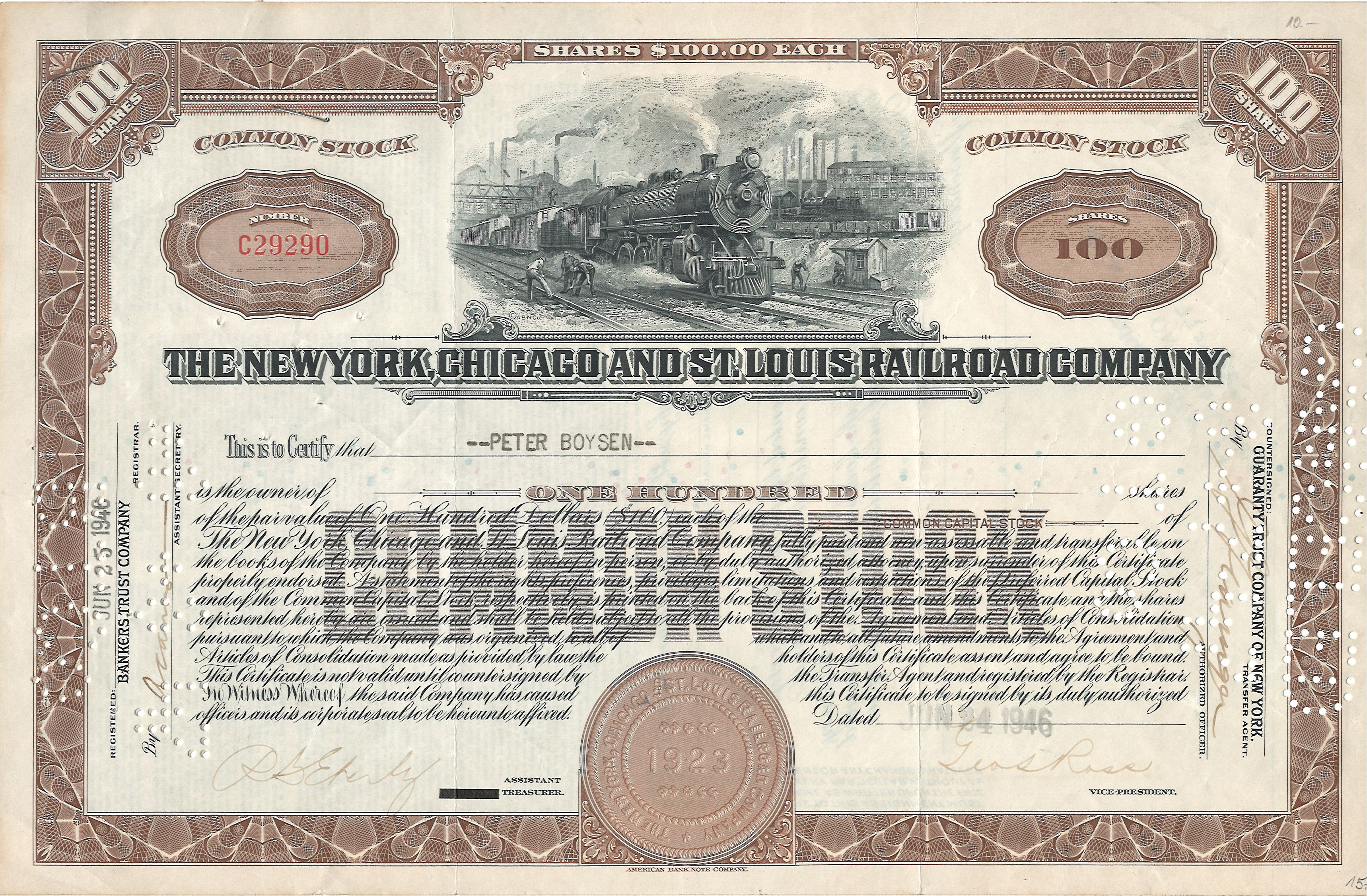 The New York, Chicago and St. Louis Railroad Company. 100 Shares