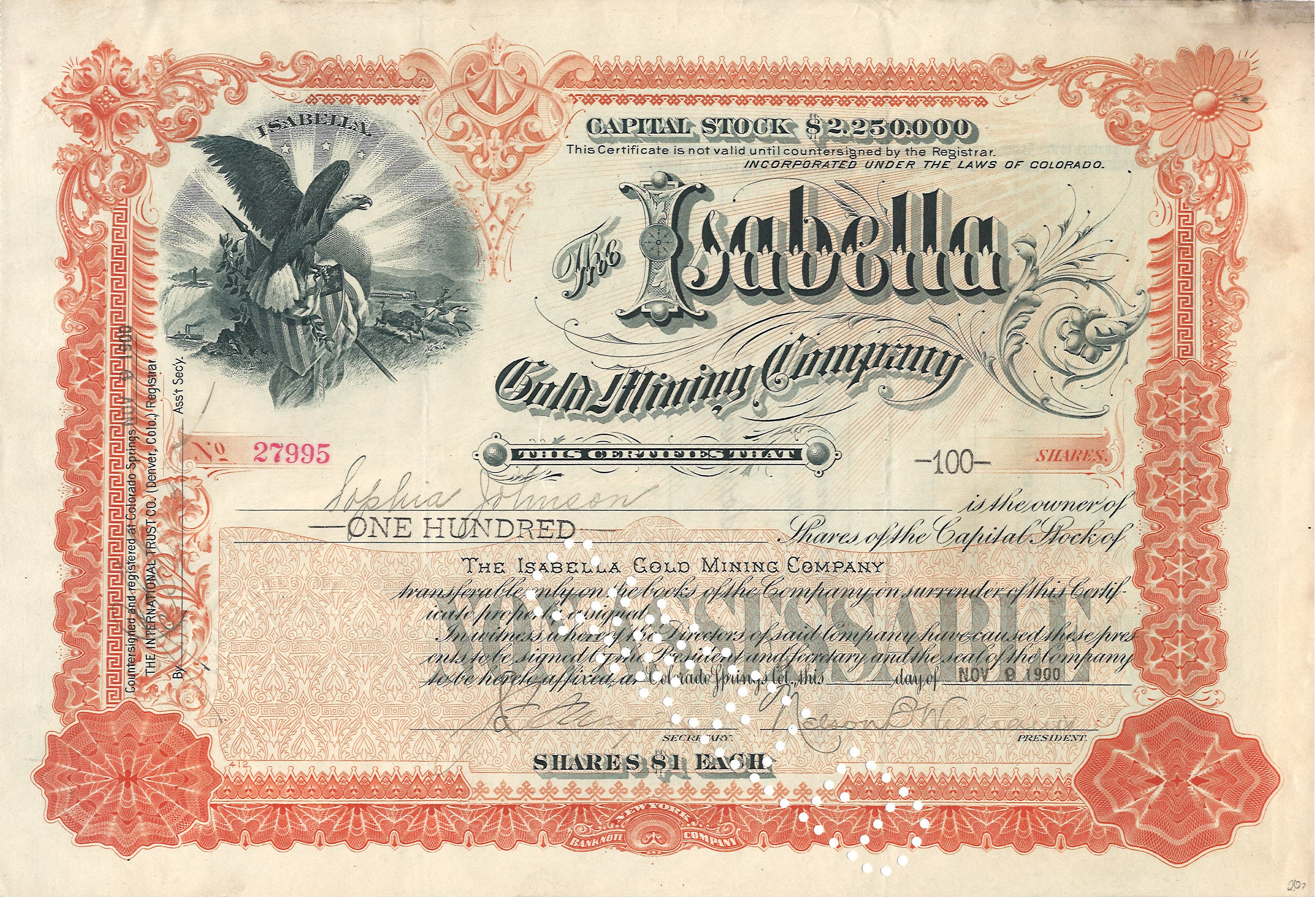 The Isabella Gold Mining Company. Certificate, 100 shares.