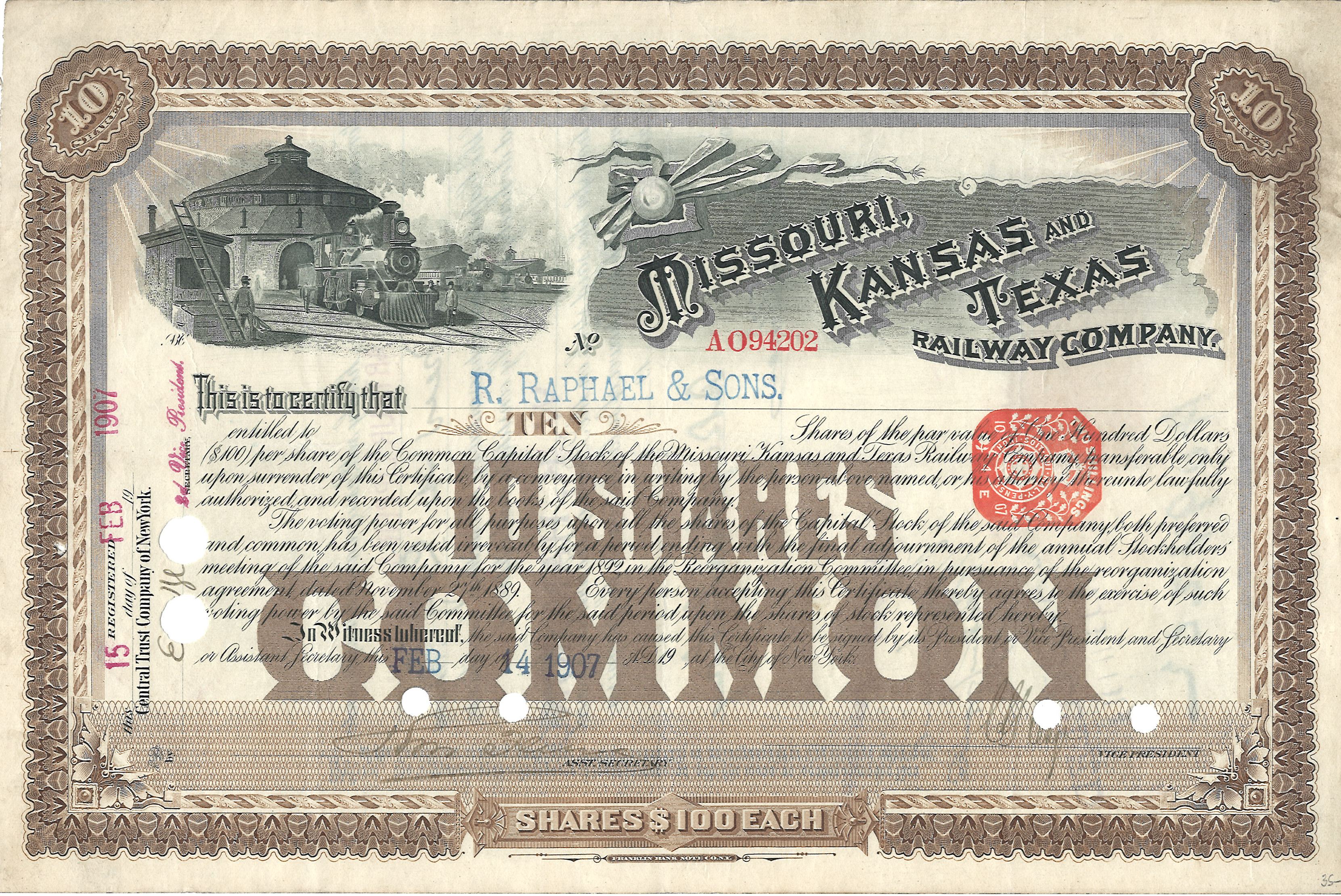 Missouri Kansas and Texas Railway Company. 100 Shares.