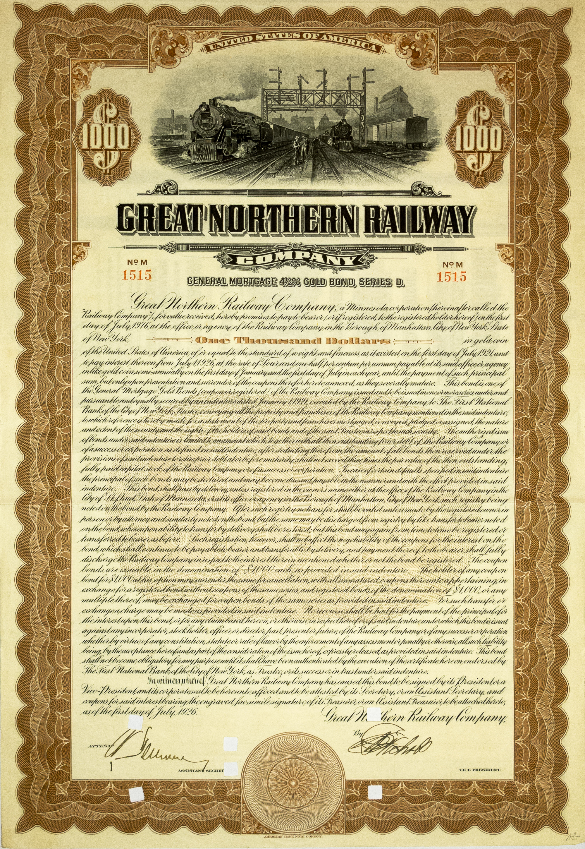 	 GreatNorthern Railway Company. Gold bond, Series D, 4,5%, 1000$