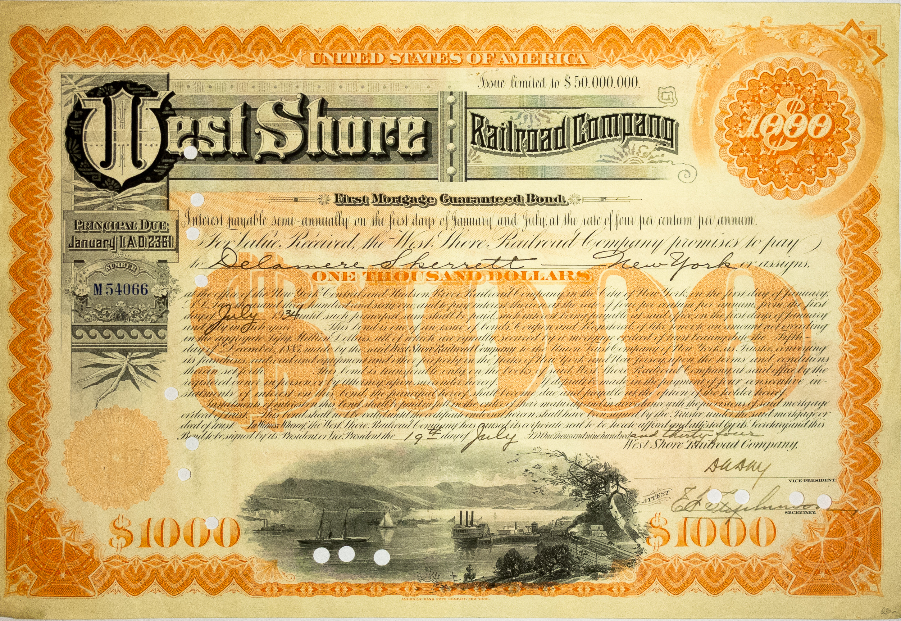 West Shore Railroad Co. Registered Bond, 1000$